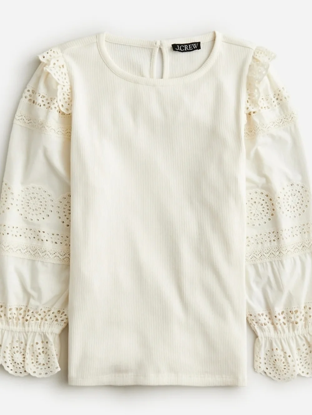 J.Crew Nwot Vintage Rib Ruffle‑Trim Eyelet Long Sleeve Top — Beige, Size S